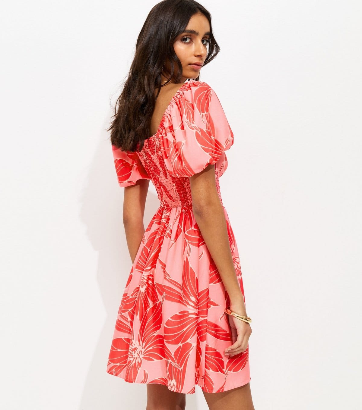 New Look Women's Pink Crepe Floral Puff Sleeve Shirred Mini Dress New Look - 4