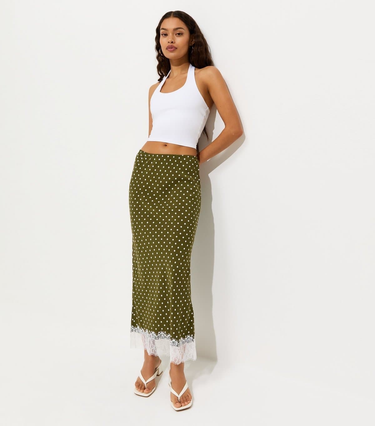 New Look Women's Petite Green Polka Dot Lace Midi Skirt New Look