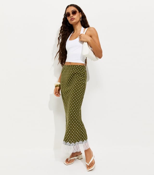 New Look Women's Petite Green Polka Dot Lace Midi Skirt New Look - 3