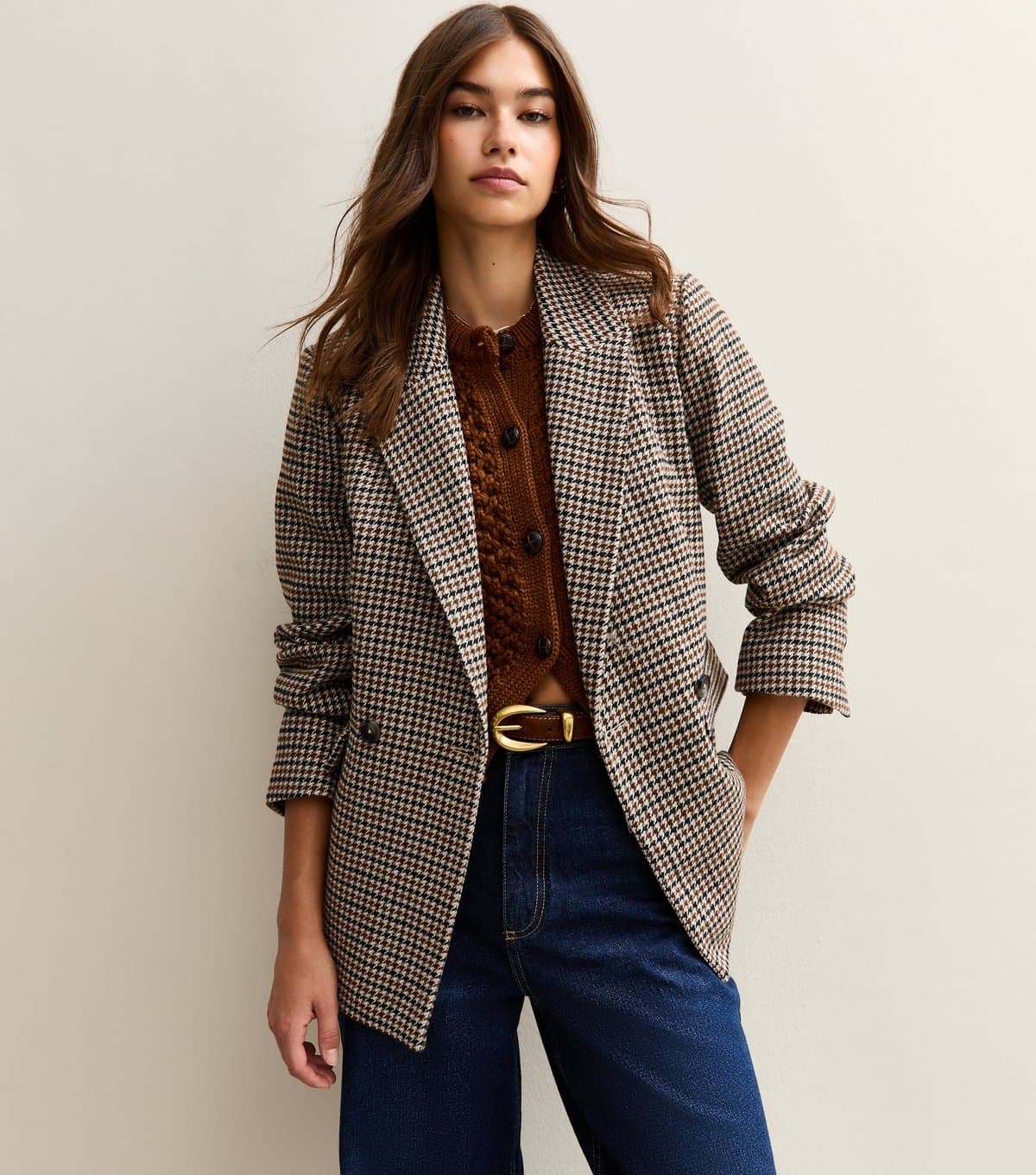 New Look Women's Brown Brushed Texture Checked Blazer New Look