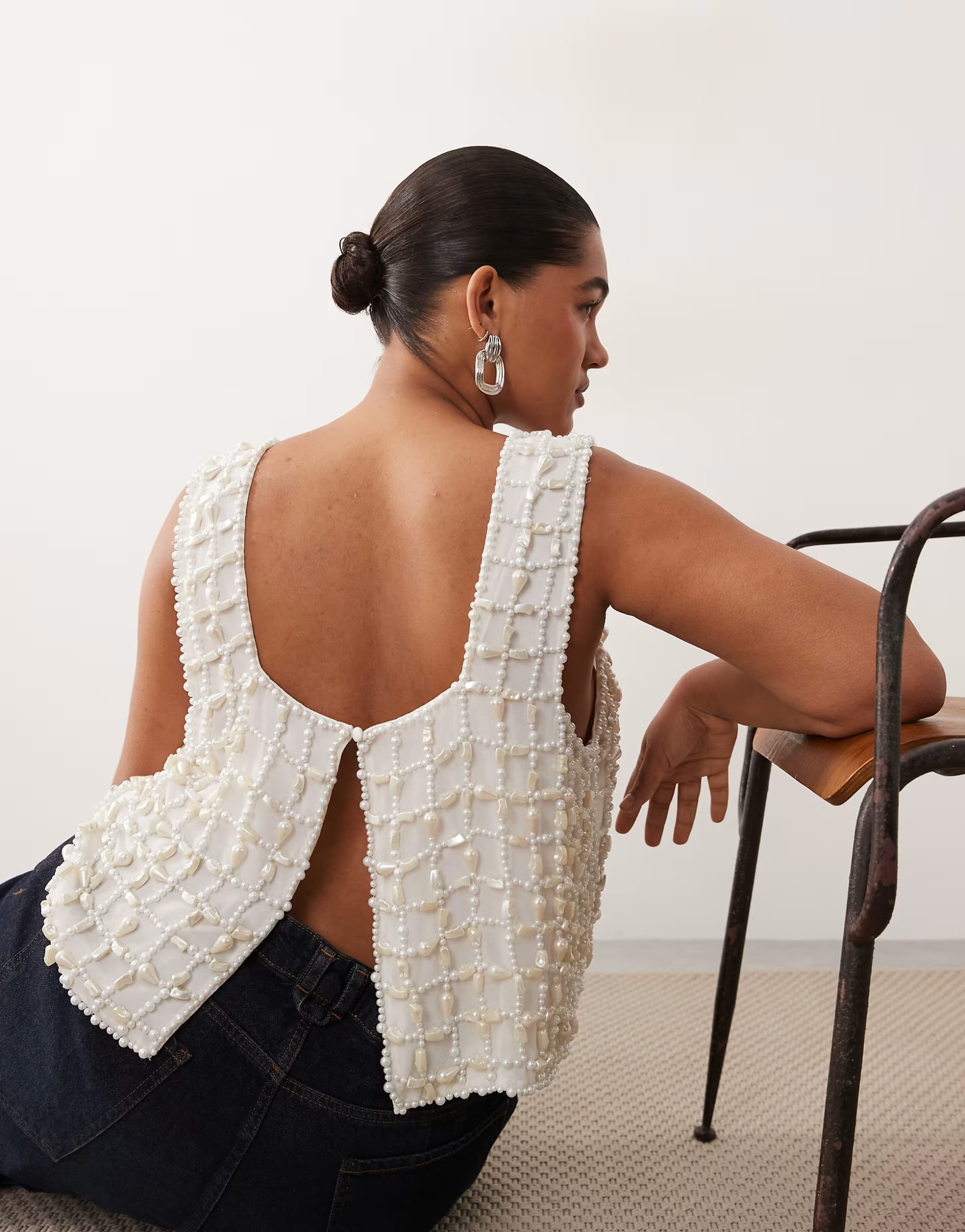 ASOS Curve Pearl Embellished Ivory Sleeveless Top
