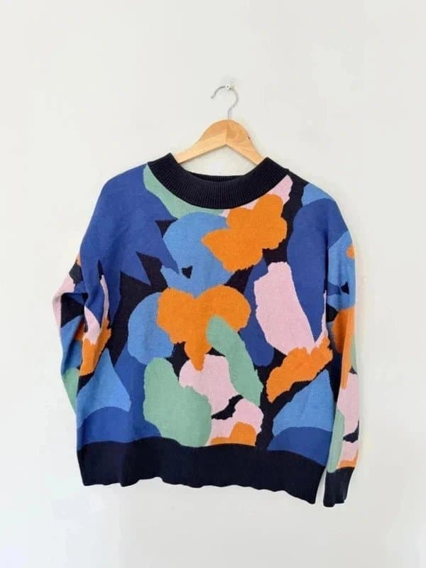 Never Fully Dressed Never Fully Dressed Jumper Size UK 12 Blue Floral Sweater Knitted Chunky Bright . . a