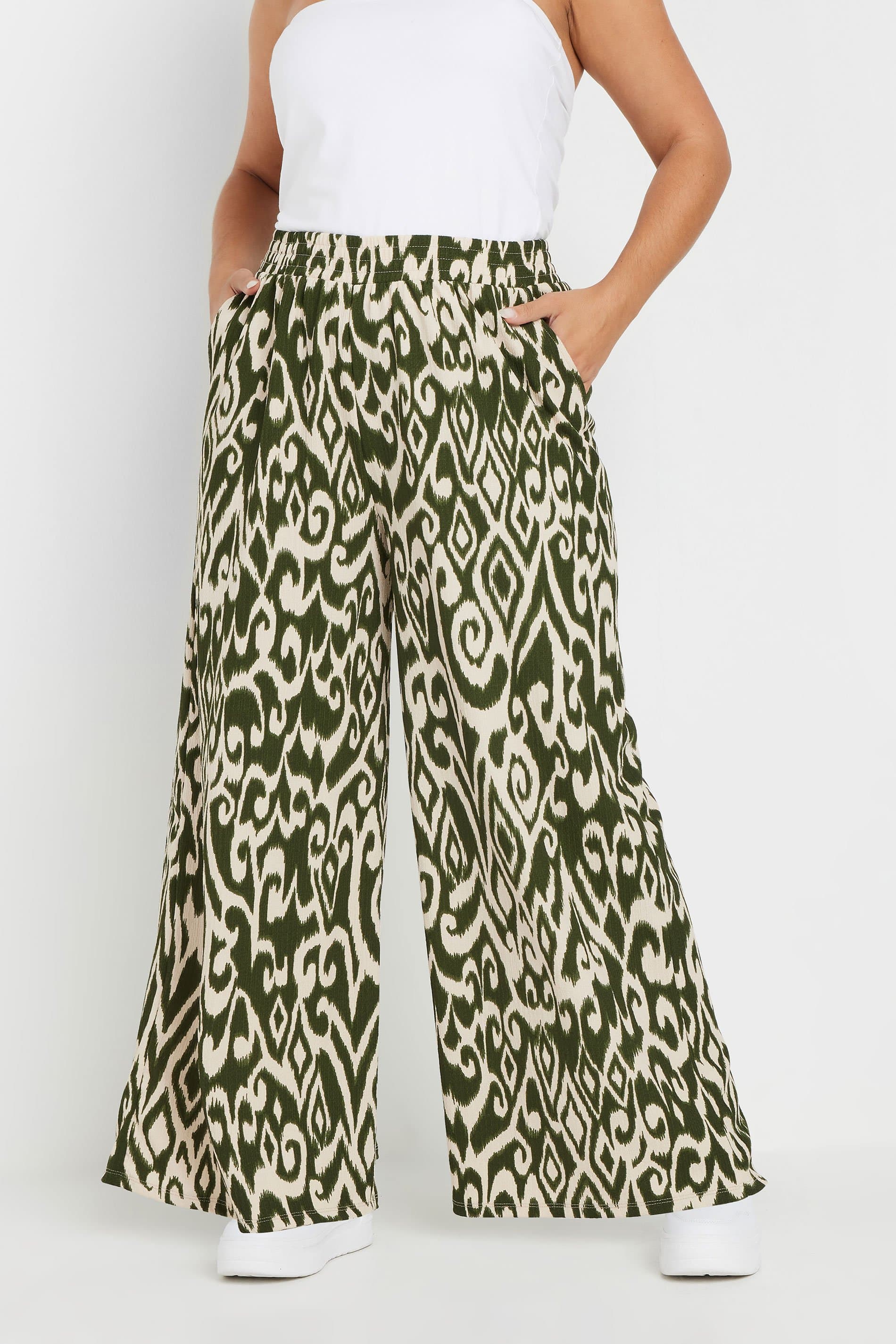 Yours Plus Size Green Abstract Print Textured Wide Leg Trousers