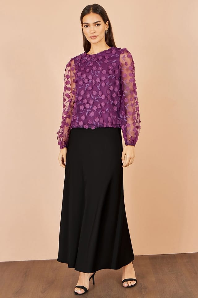 Yumi Yumi Women's Sheer Sleeve Applique Flower Top in Plum - 2