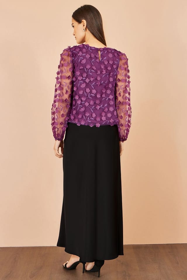 Yumi Yumi Women's Sheer Sleeve Applique Flower Top in Plum - 3