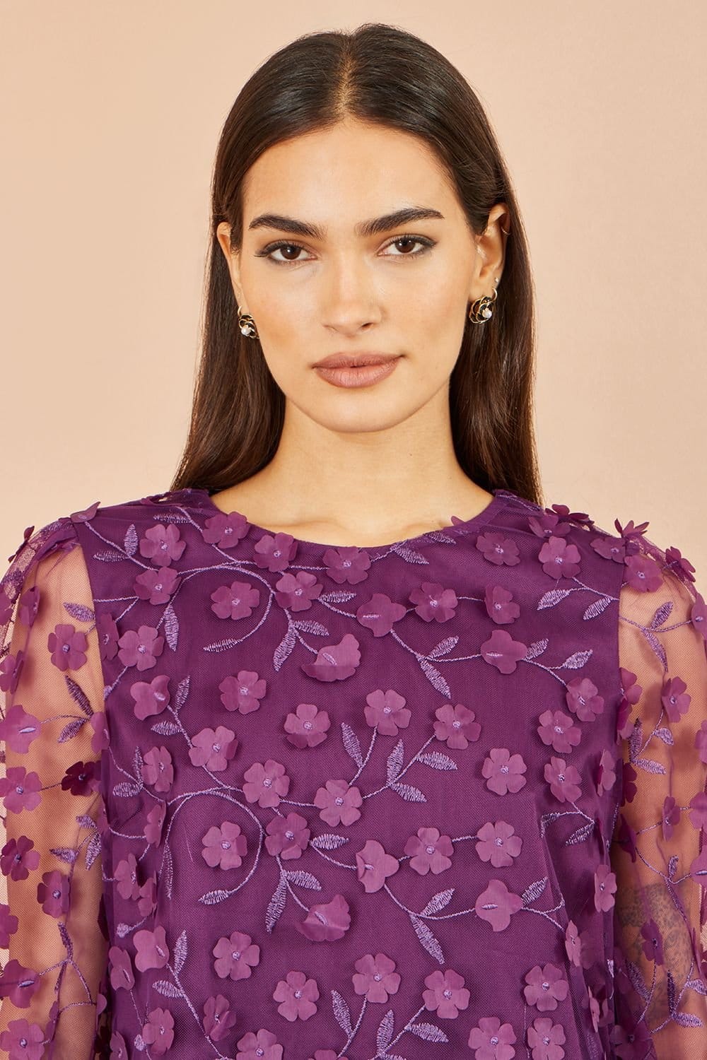 Yumi Yumi Women's Sheer Sleeve Applique Flower Top in Plum - 4