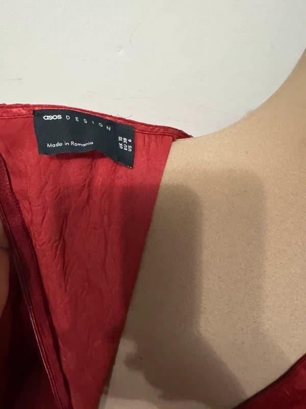 ASOS Design dark cherry burgundy red maxi dress long sleeve layer ruffle satin crinkle size 10