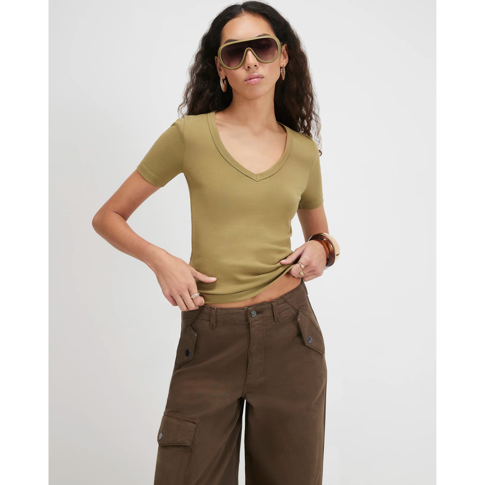 River Island River Island Womens Khaki Cotton Blend V Neck Baby Tee T-Shirt