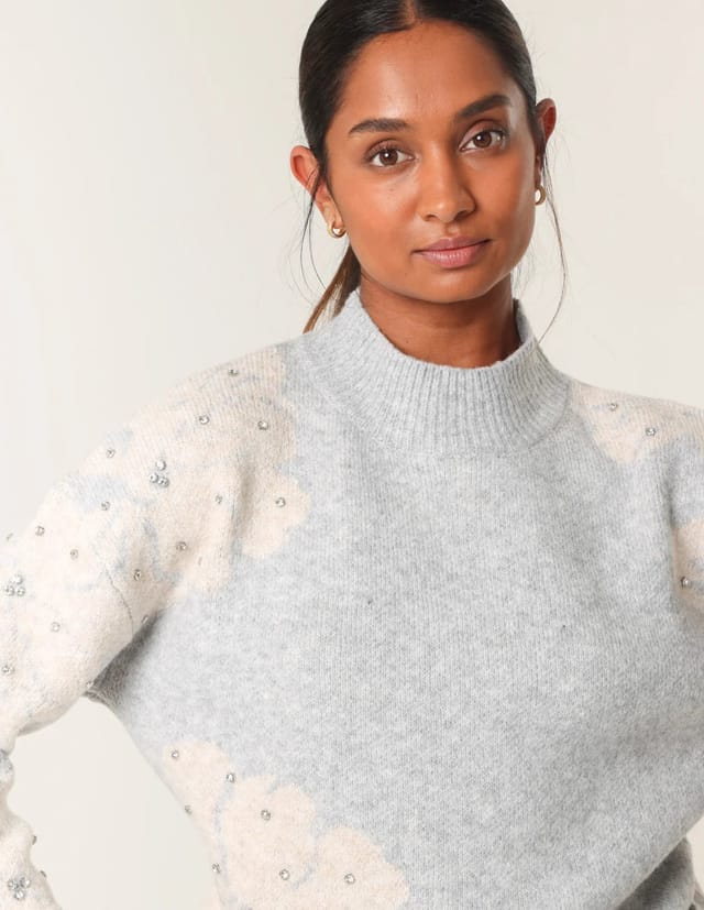 Blue Vanilla Flower Diamante Detailed Knitted Jumper - 2
