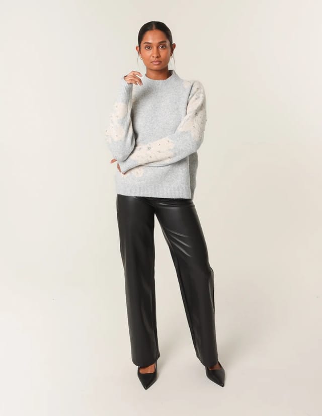 Blue Vanilla Flower Diamante Detailed Knitted Jumper - 3