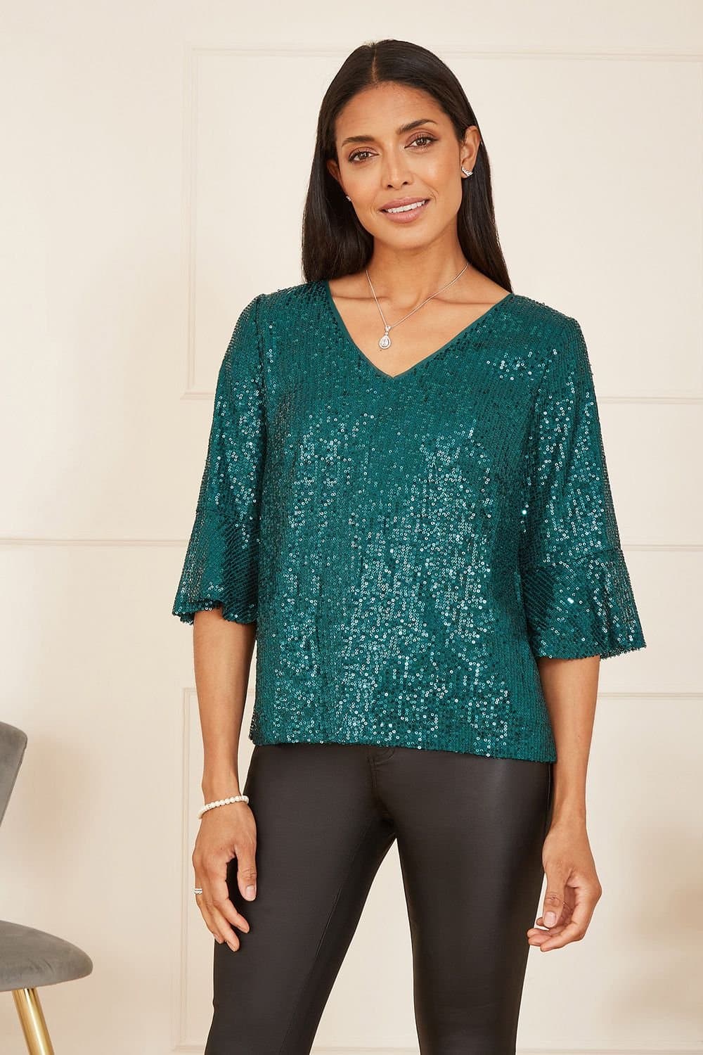 Yumi Yumi Women's Green Sequin Top With Fluted Sleeve