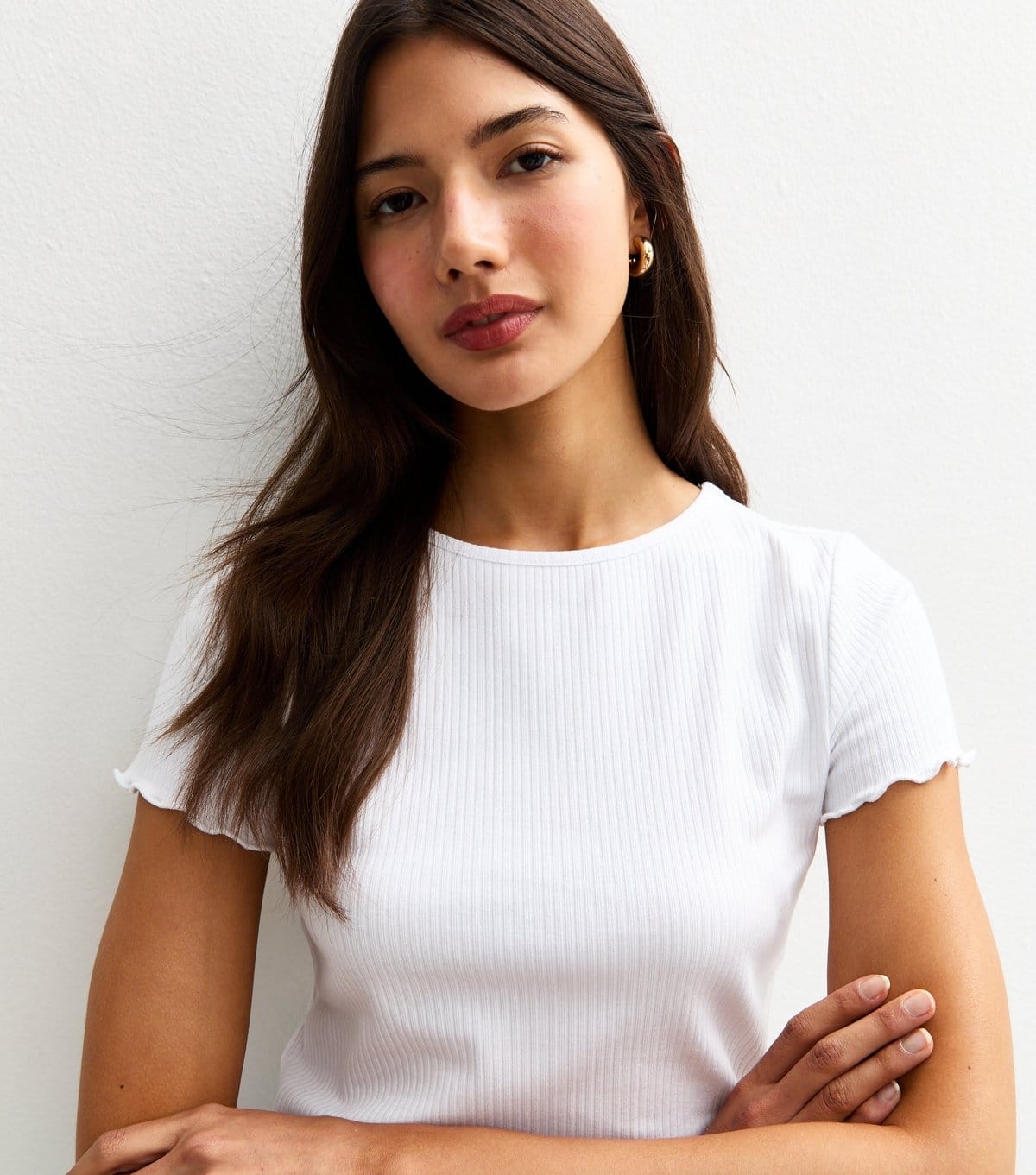 New Look White Ribbed Frilly Trim T-Shirt