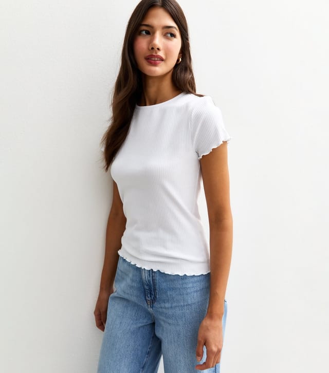 New Look Women's White Ribbed Frilly Trim T-Shirt New Look - 2