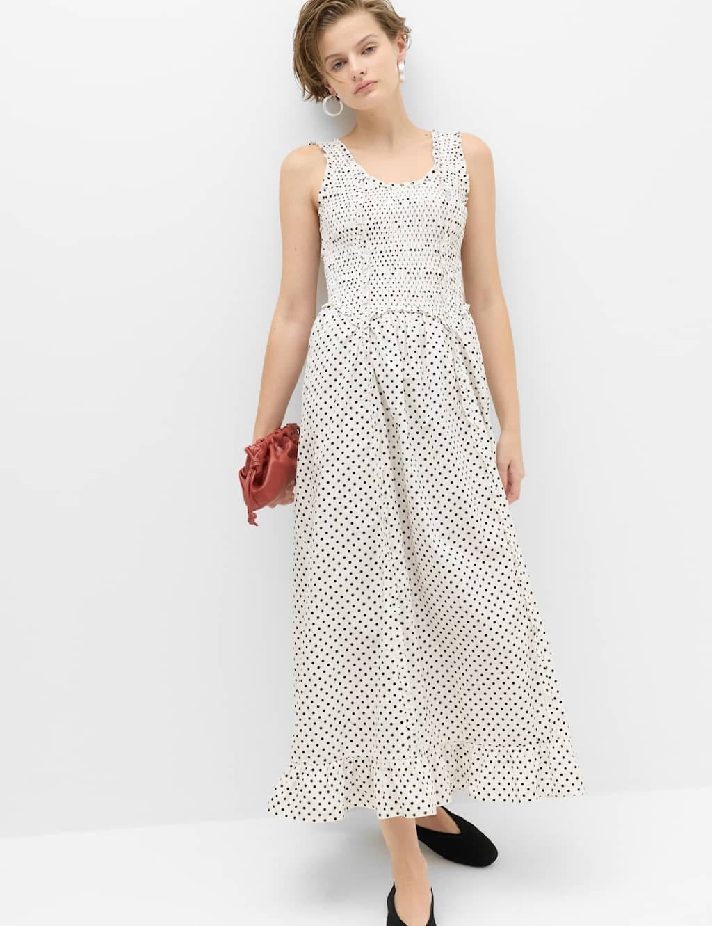 Marks & Spencer M&S Pure Cotton Polka Dot Ruffle Midi Skater Dress White Mix