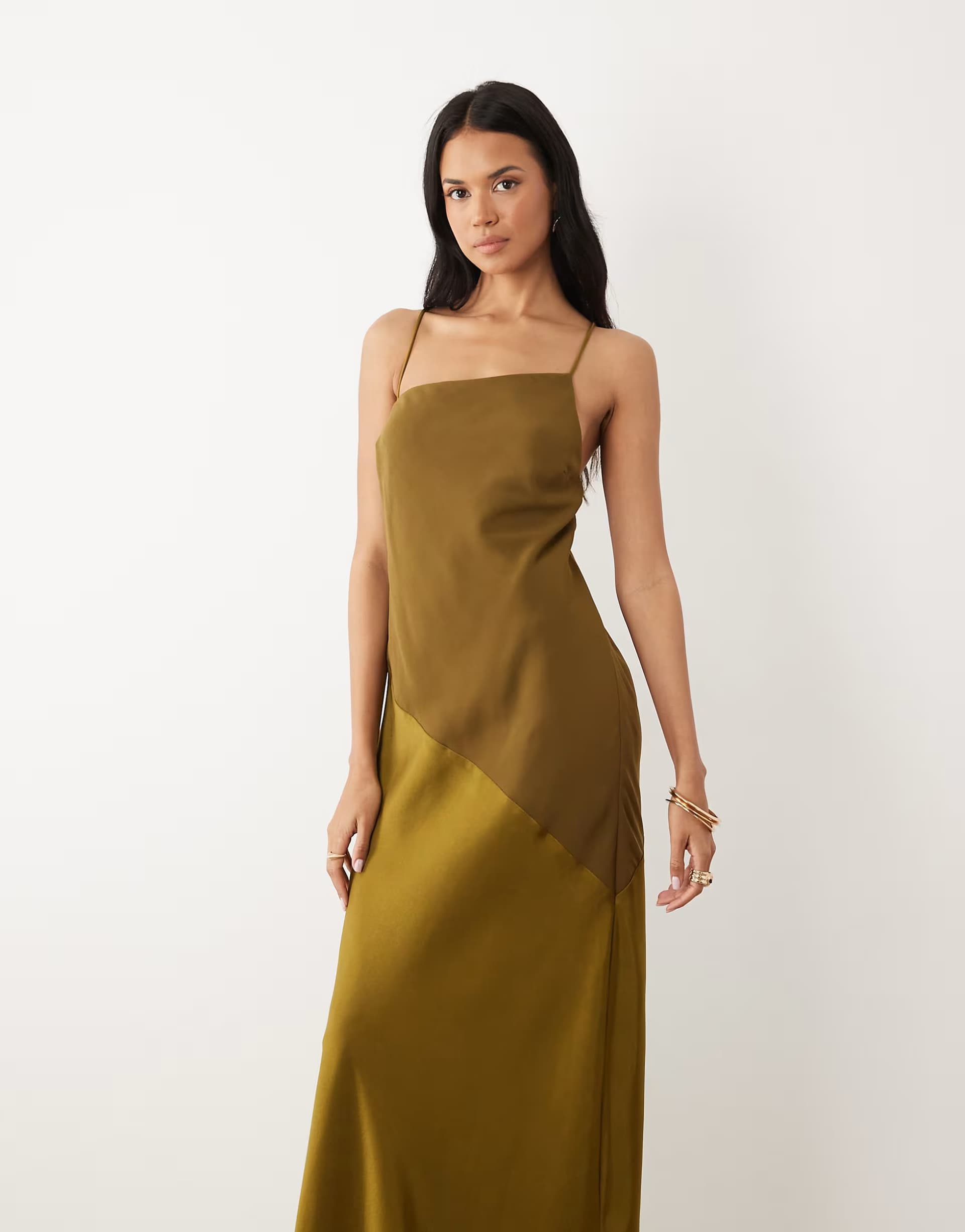 ASOS ASOS DESIGN hybrid satin panel cami maxi dress in olive green