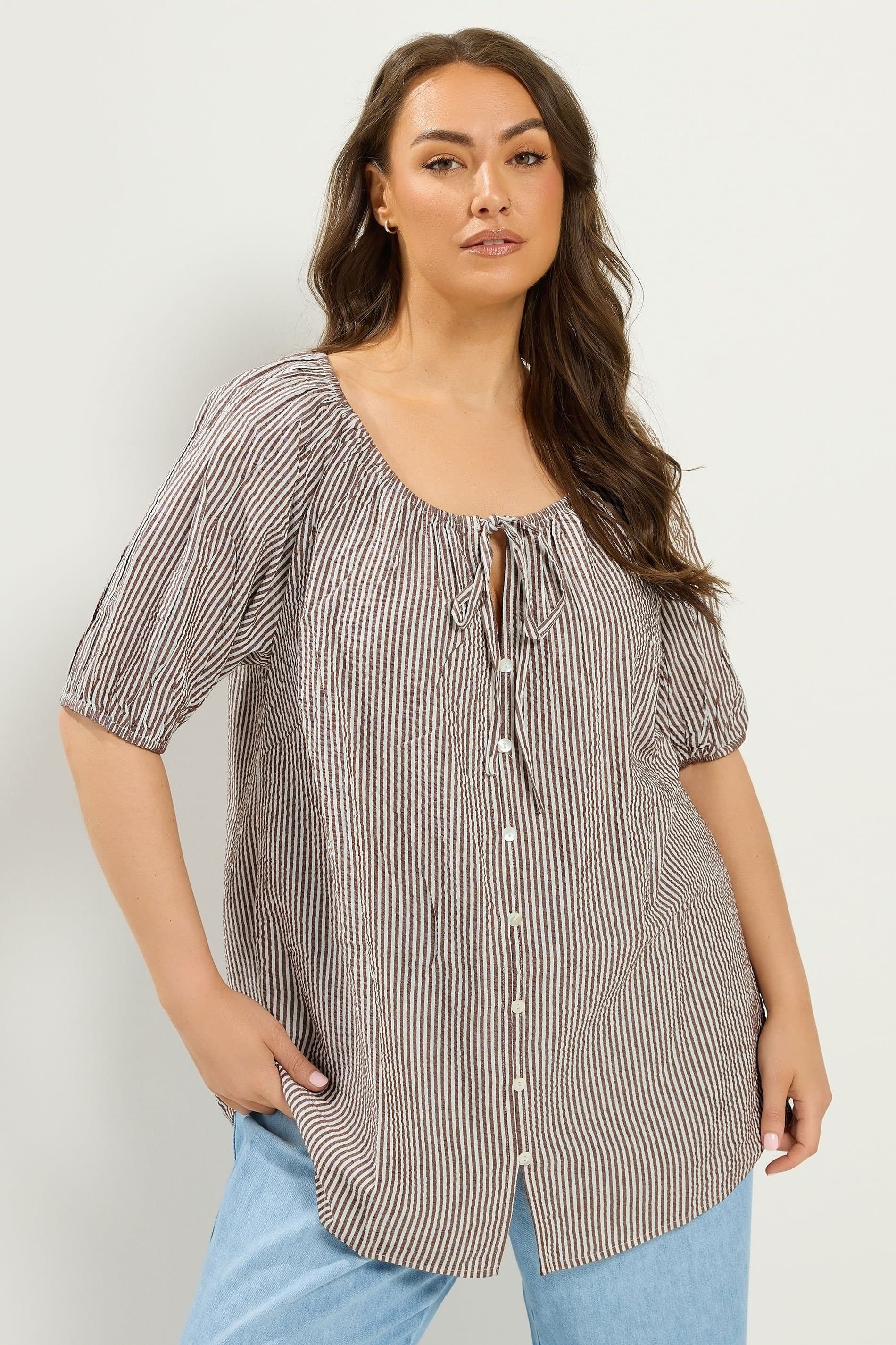 Yours Plus Size Brown Stripe Print Puff Sleeve Blouse