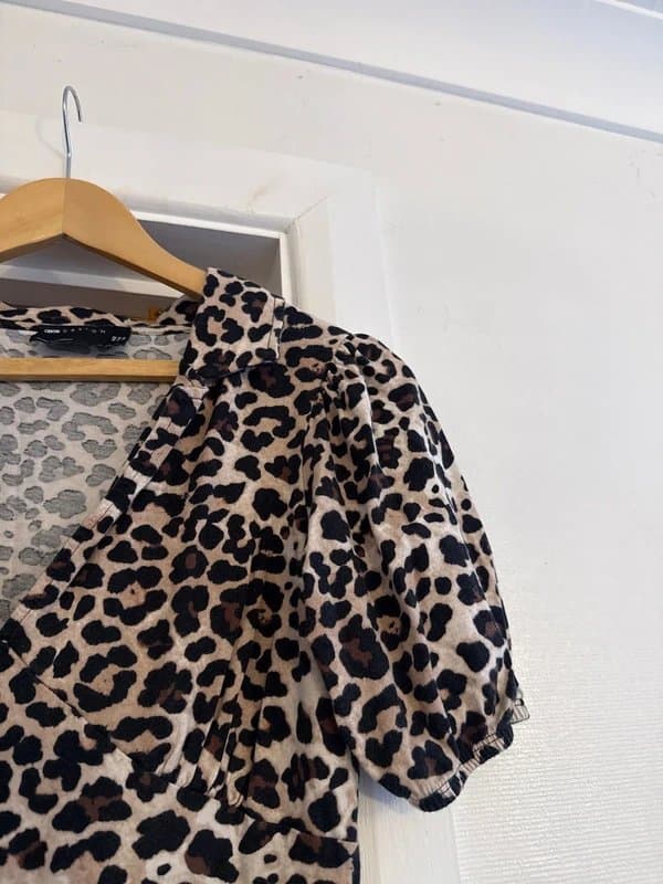 ASOS ASOS Beige & Brown Leopard Print Animal Puff Sleeve V-Neck Midaxi Dress
