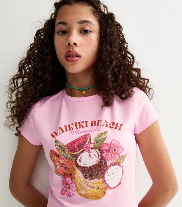 New Look Girls' PinkTropical Fruit Print Sequin Embellished  Cap Sleeve T-Shirt New Look - 2