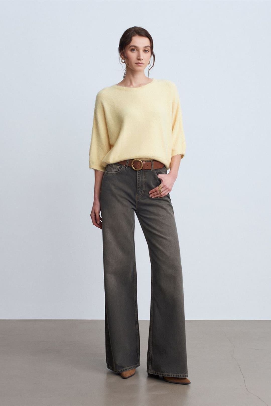 Dilvin Dilvin Women's High-Waist Wide-Leg Cotton Denim Jeans in Dark Grey