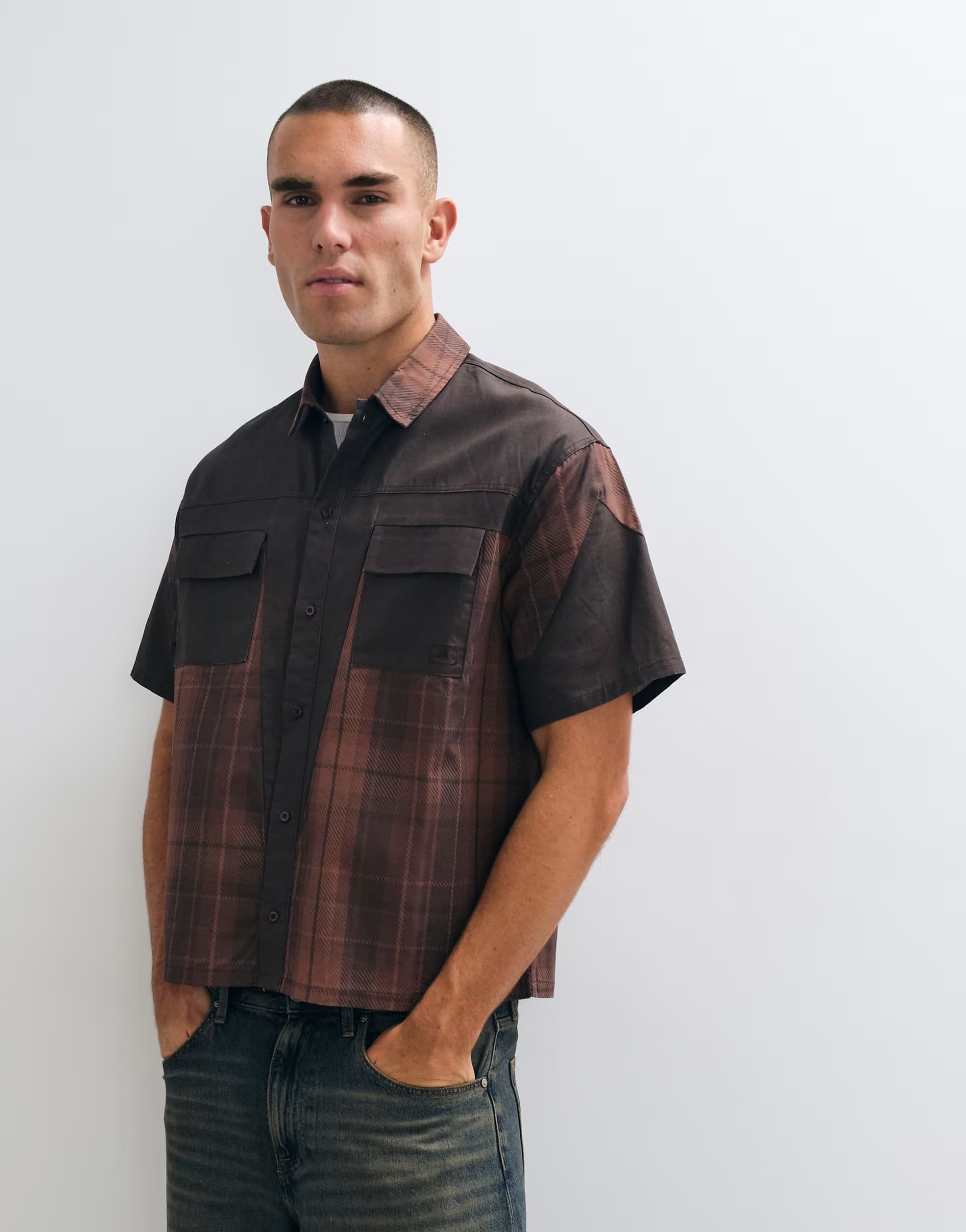 ASOS Liquor N Poker cut n sew patchwork short sleeve shirt in brown