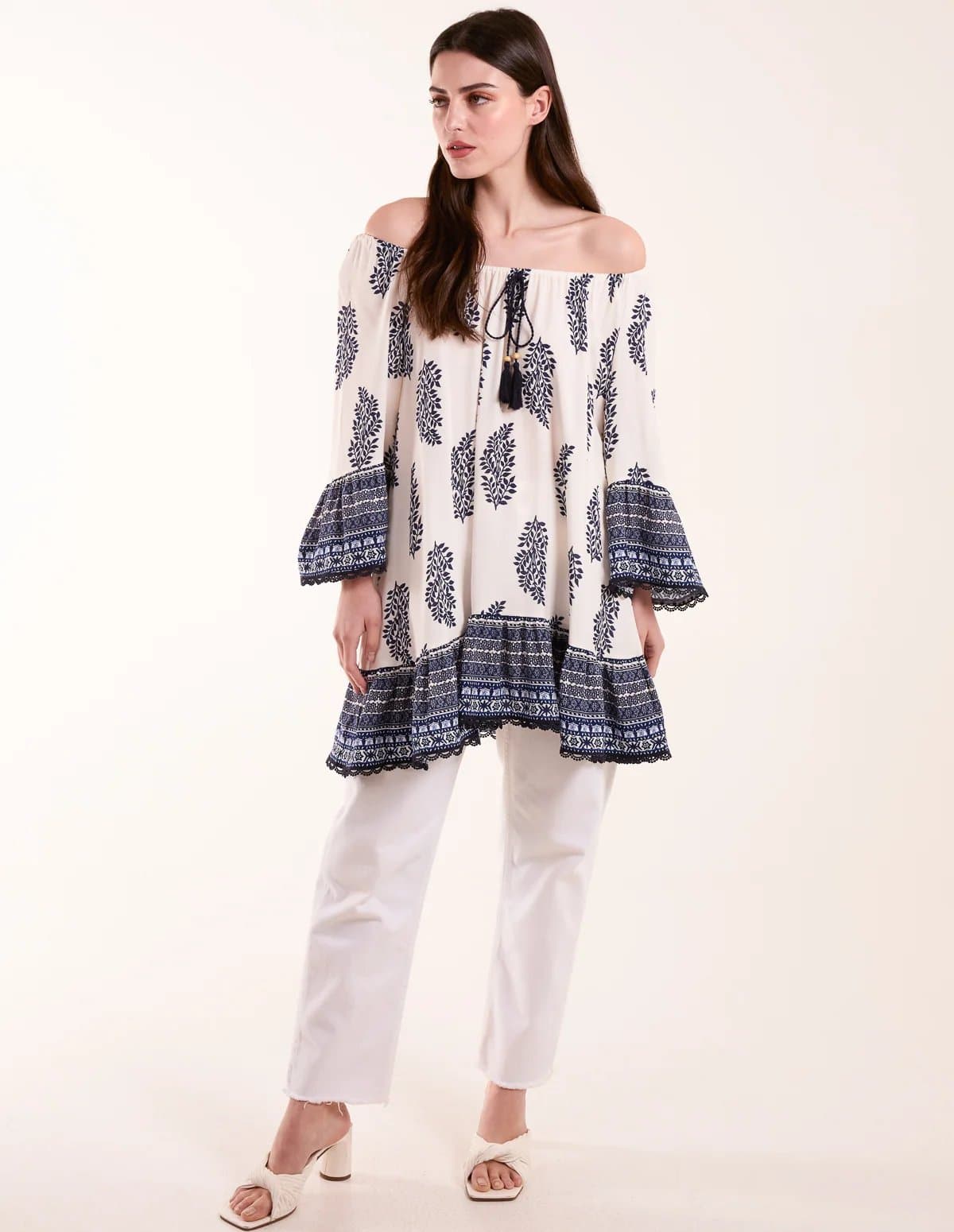 Blue Vanilla Mix Print Bardot With Tassel Dress