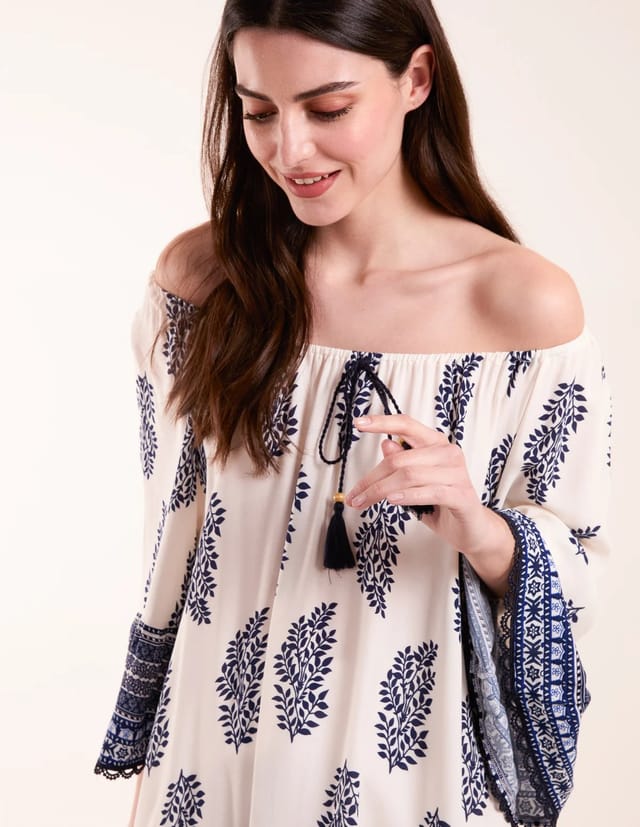 Blue Vanilla Mix Print Bardot With Tassel Dress - 2