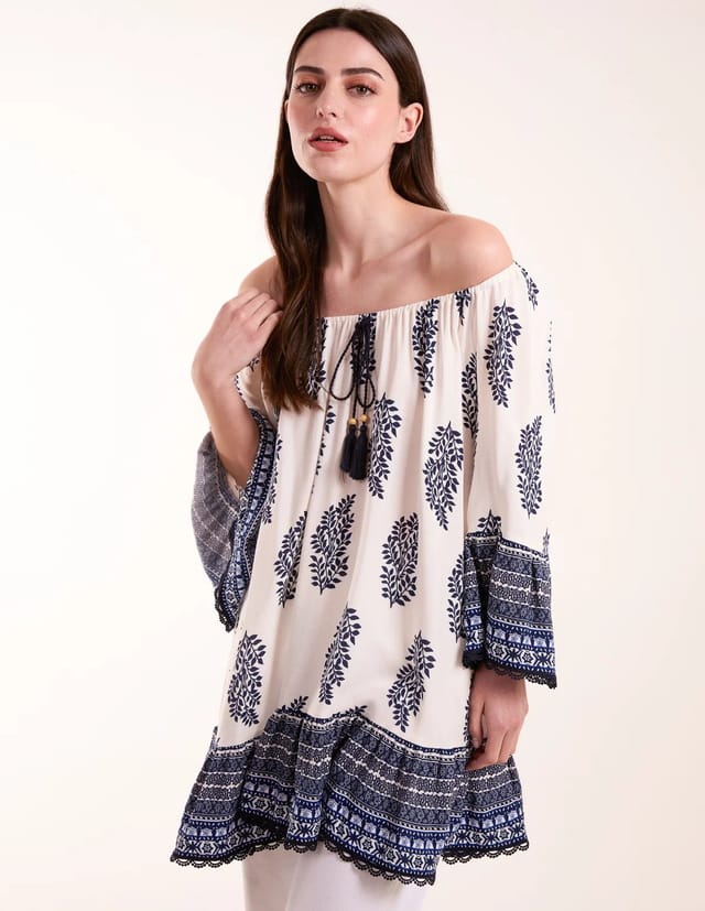 Blue Vanilla Mix Print Bardot With Tassel Dress - 3