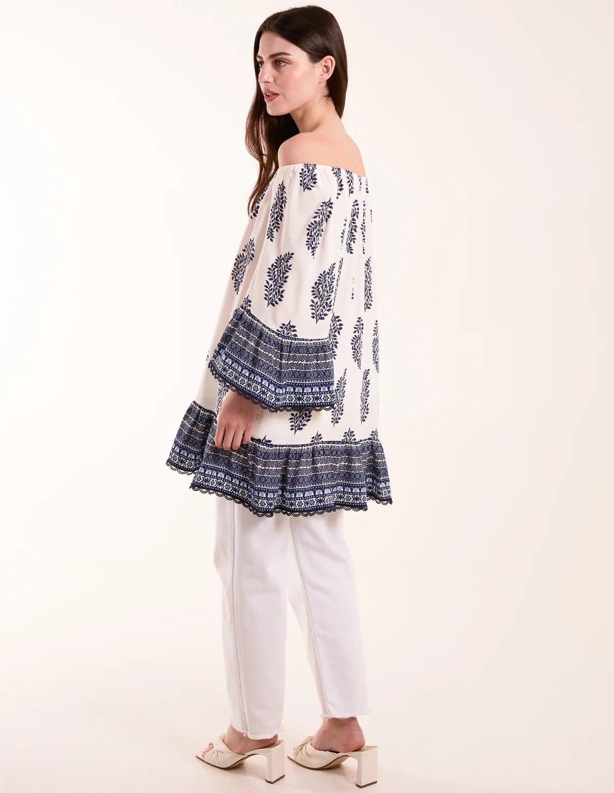 Blue Vanilla Mix Print Bardot With Tassel Dress - 4
