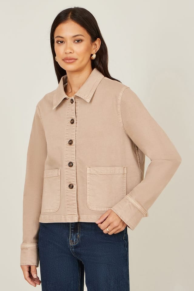Yumi Yumi Women's Beige Canvas Jacket With Patch Pockets - 3