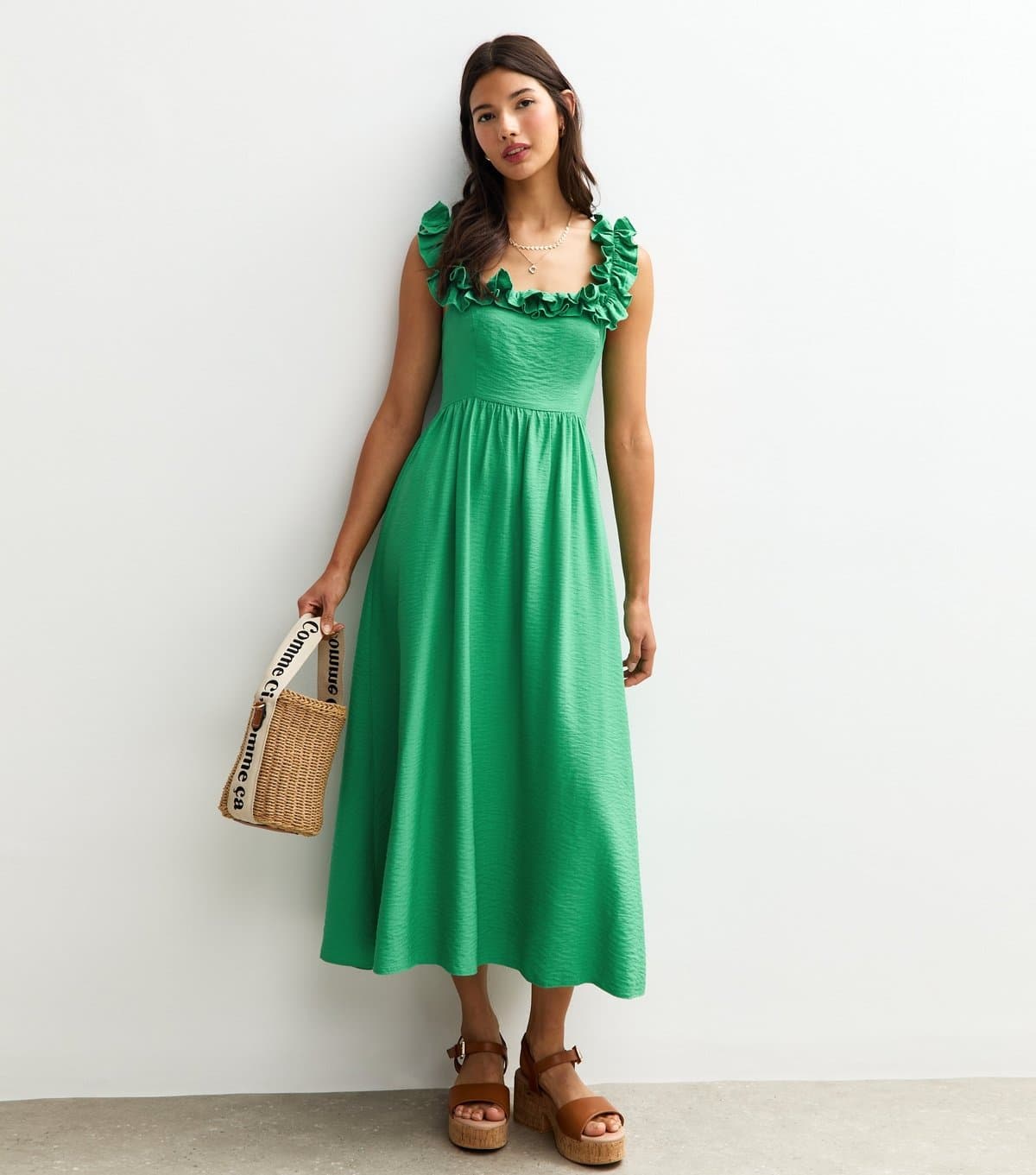 New Look Women's Green Square Neck Ruffled Bow Tie Back Midi Dress New Look