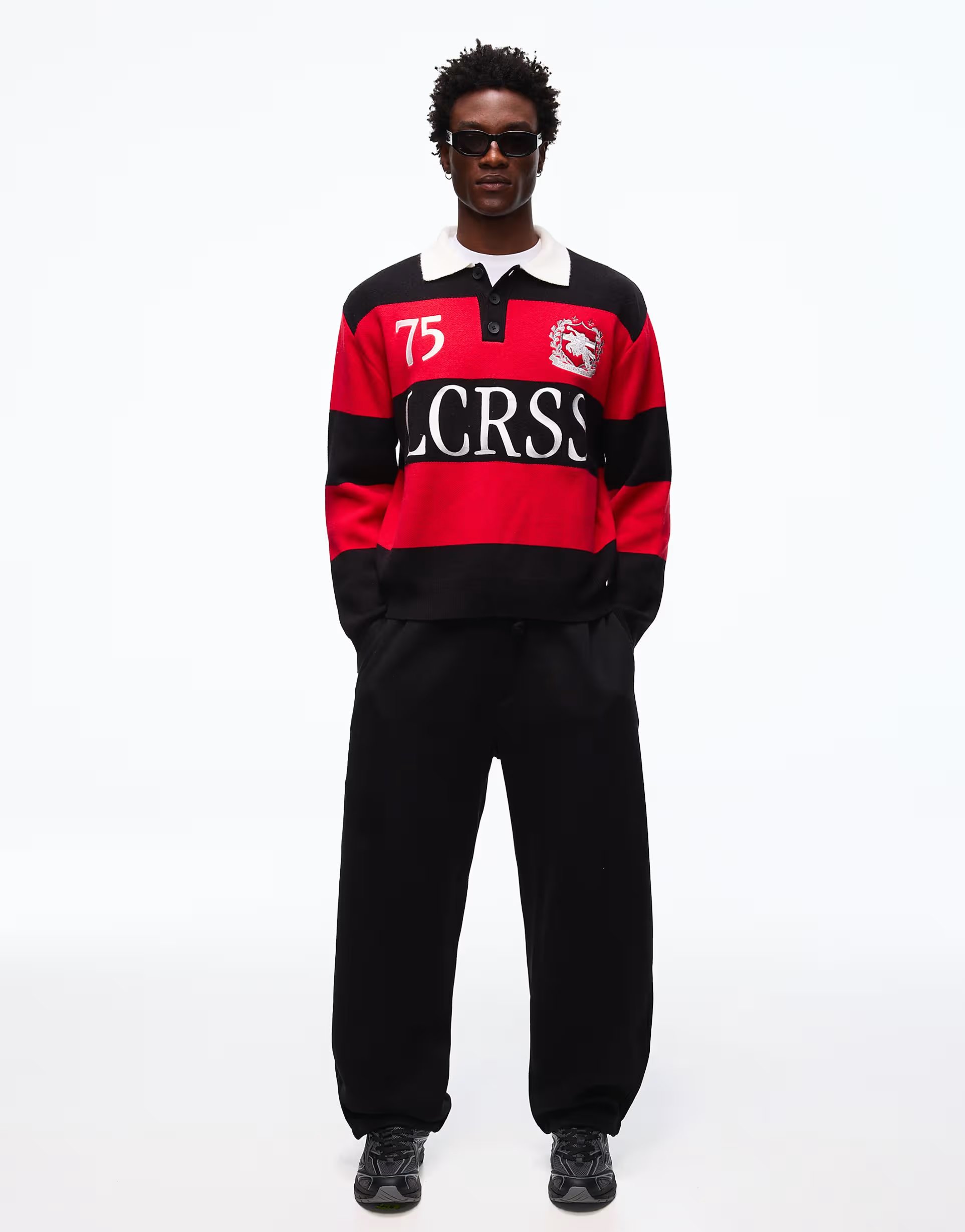 ASOS Bershka Embroidered polo collar jumper in red - 1