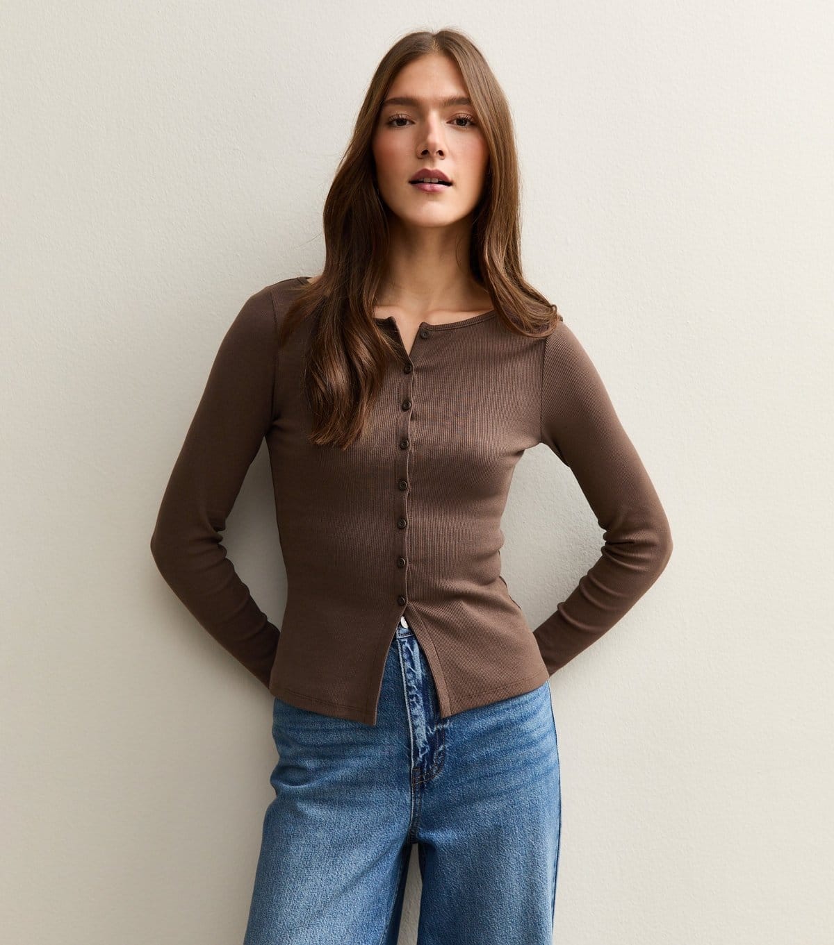 New Look Dark Brown Rib Jersey Long Sleeve Top