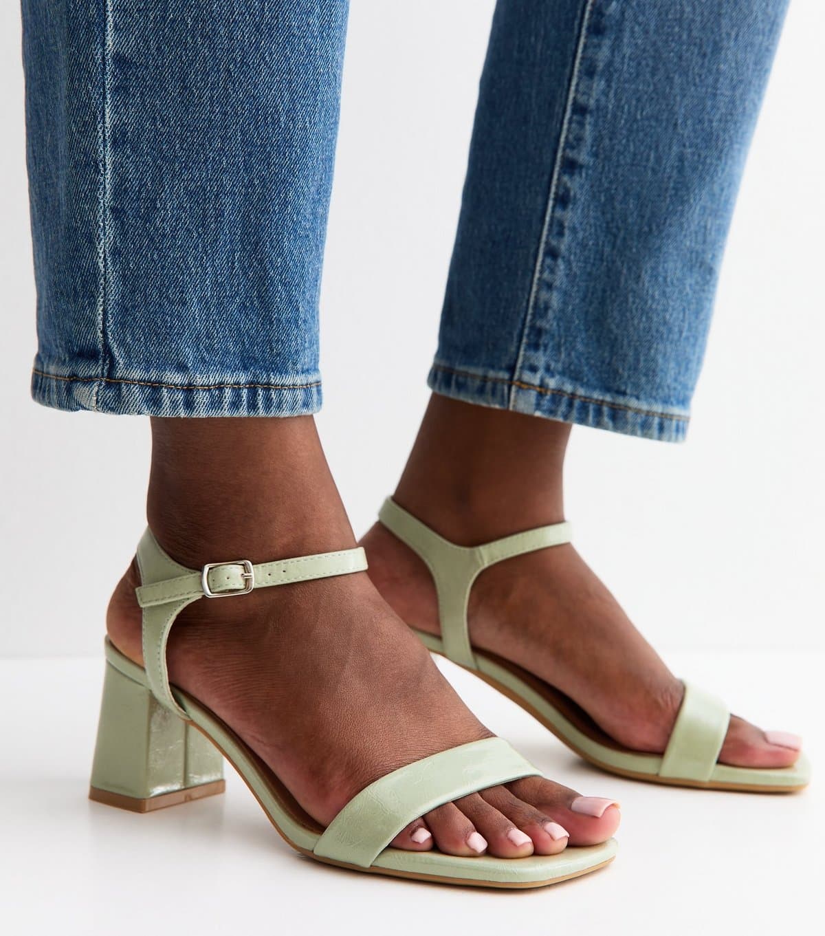 New Look New Look Light Green Faux Leather Square Toe Block Heel Sandals