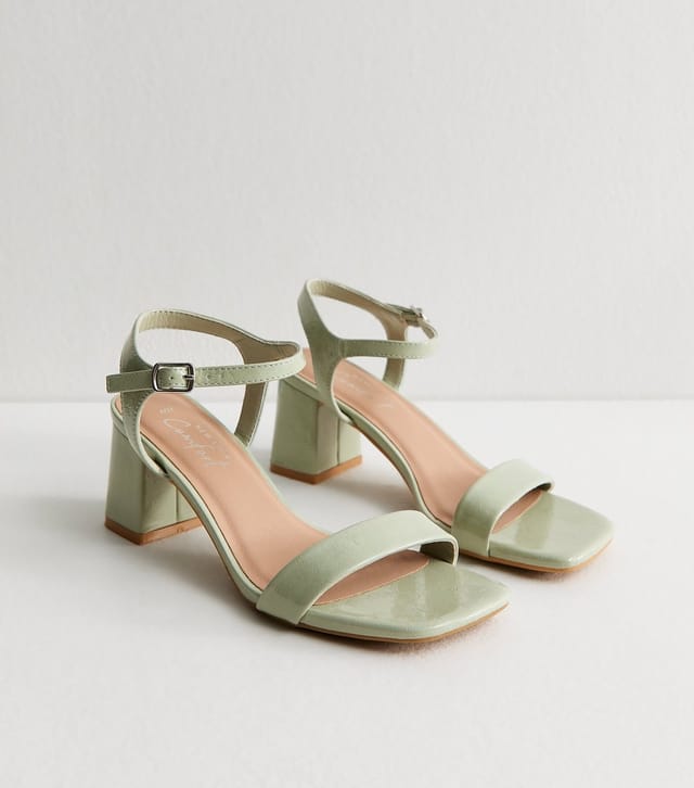 New Look Women's Light Green Faux Leather Square Toe Block Heel Sandals Vegan New Look - 3