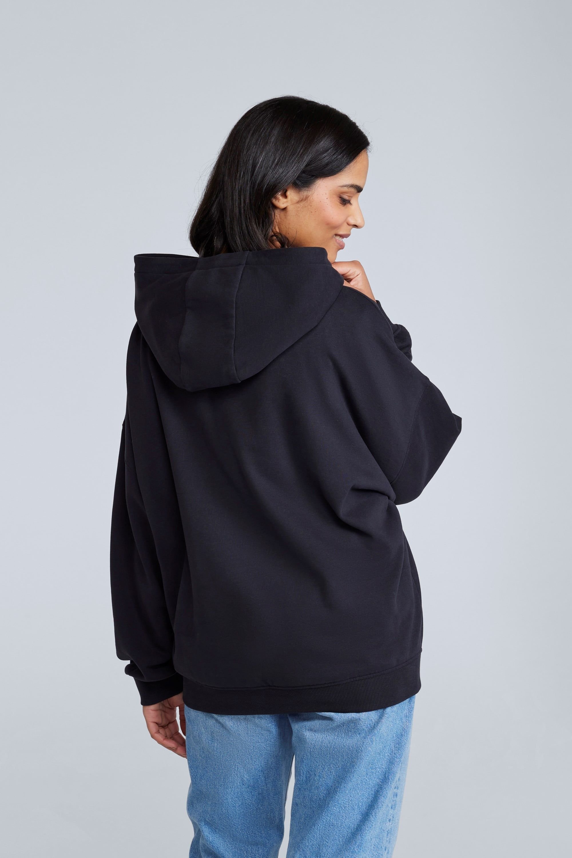 Animal Animal Women's 'Idol' Logo Print Kangaroo Pocket Cotton Snug Fit Drop Shoulder Hoody in Jet Black - 3