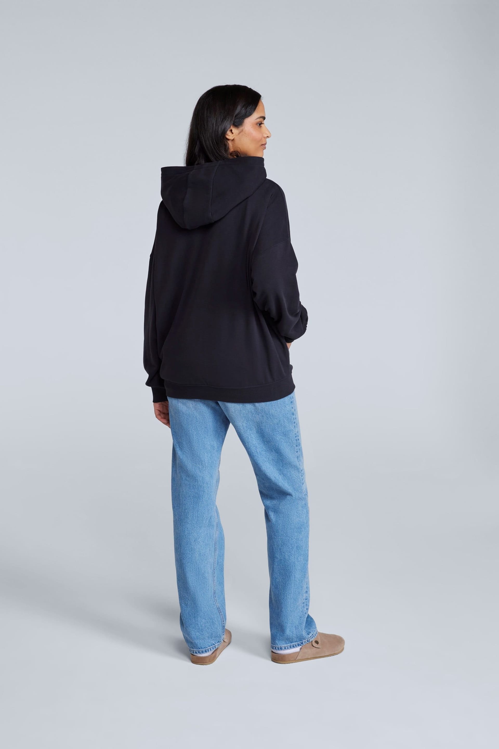 Animal Animal Women's 'Idol' Logo Print Kangaroo Pocket Cotton Snug Fit Drop Shoulder Hoody in Jet Black - 4
