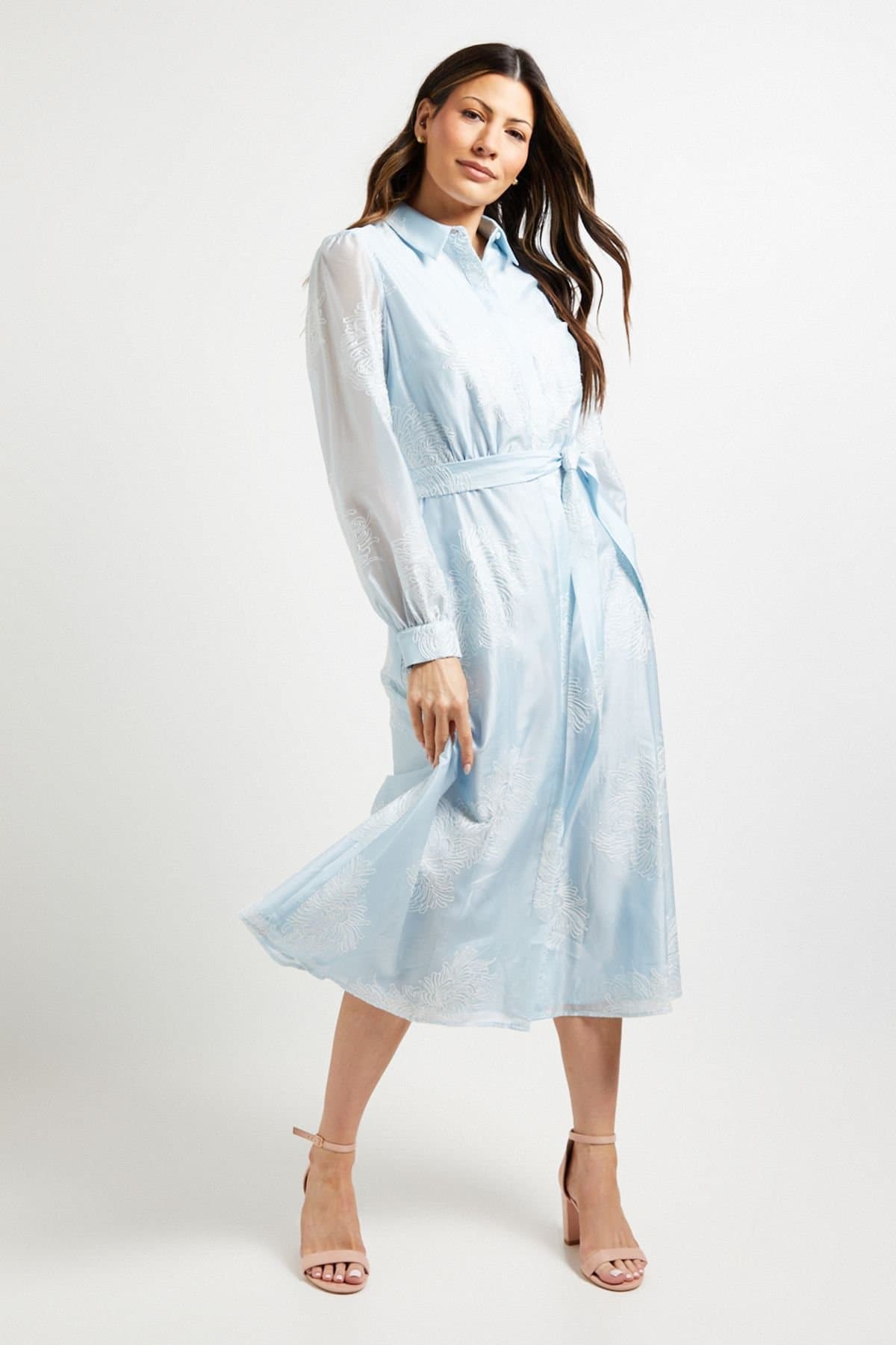 Wallis Wallis Women's Embroidered Organza Midi Shirt Dress in Blue