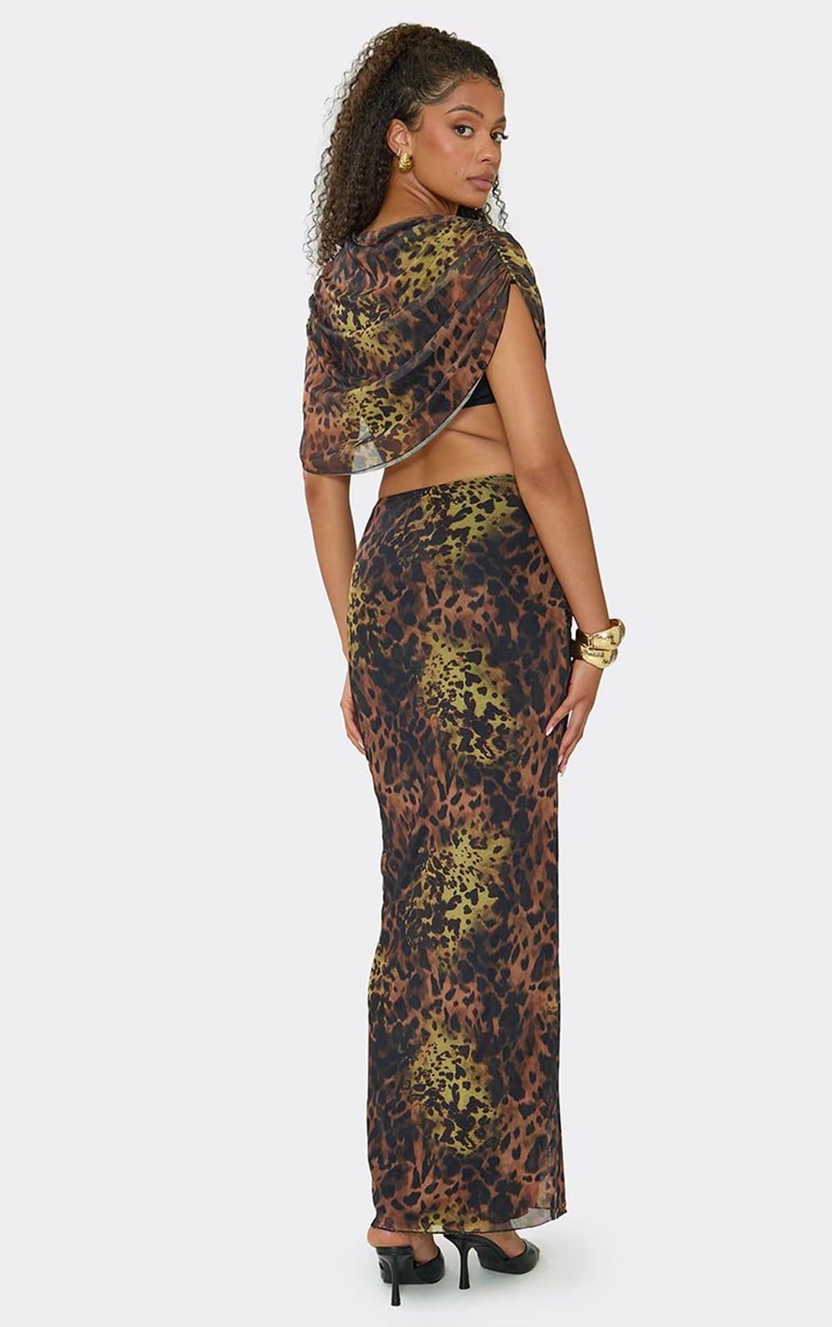 EGO Low Waist Drape Detail Maxi Skirt In Brown Leopard Print Mesh, Women's Size UK 6