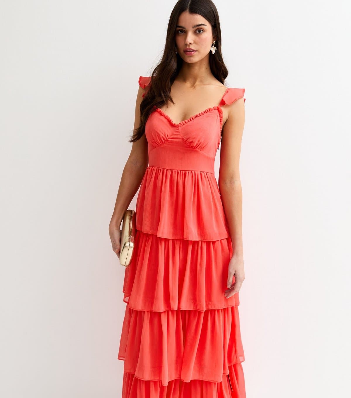 New Look Women's Coral Tiered Chiffon Midi Dress New Look
