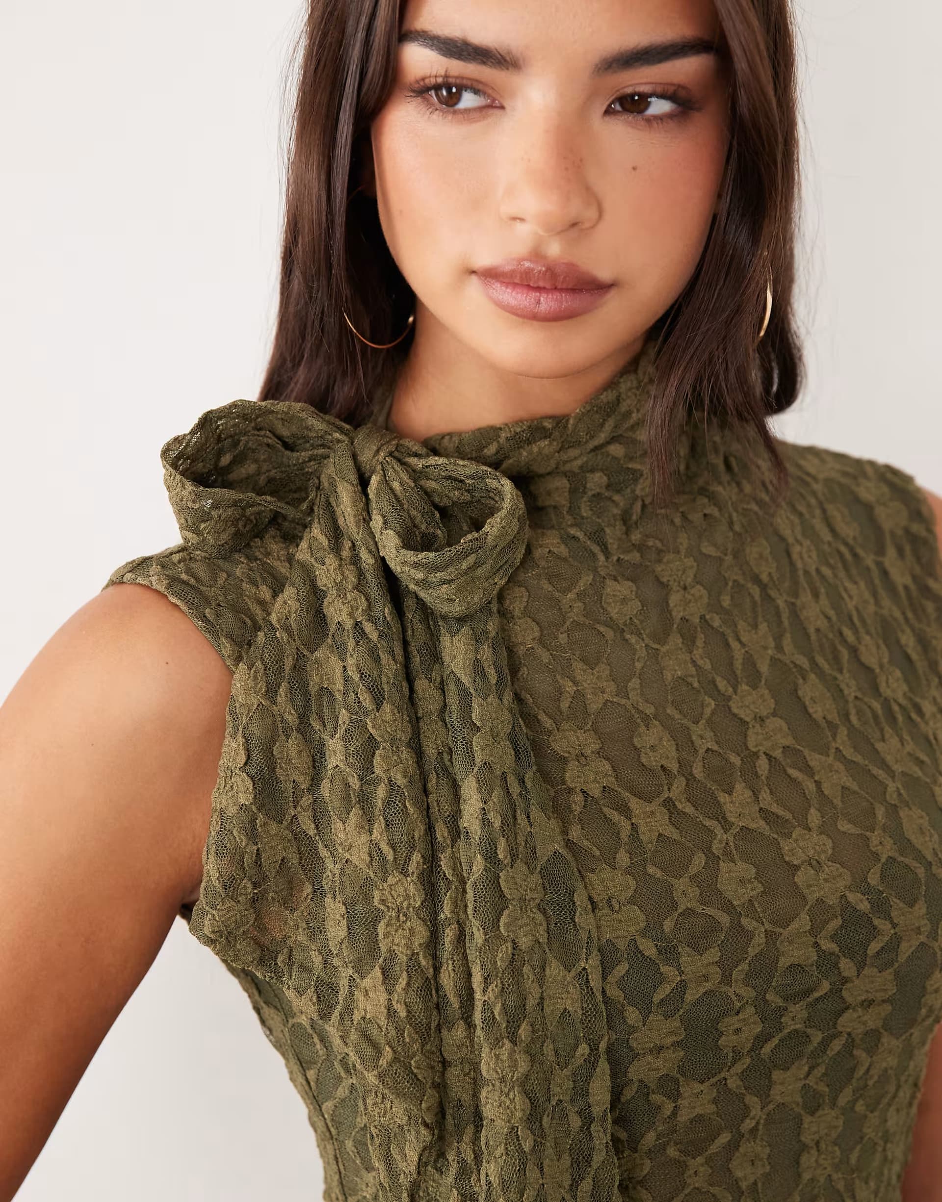 ASOS ASOS DESIGN sheer lace asymmetric hem tie neck top in khaki