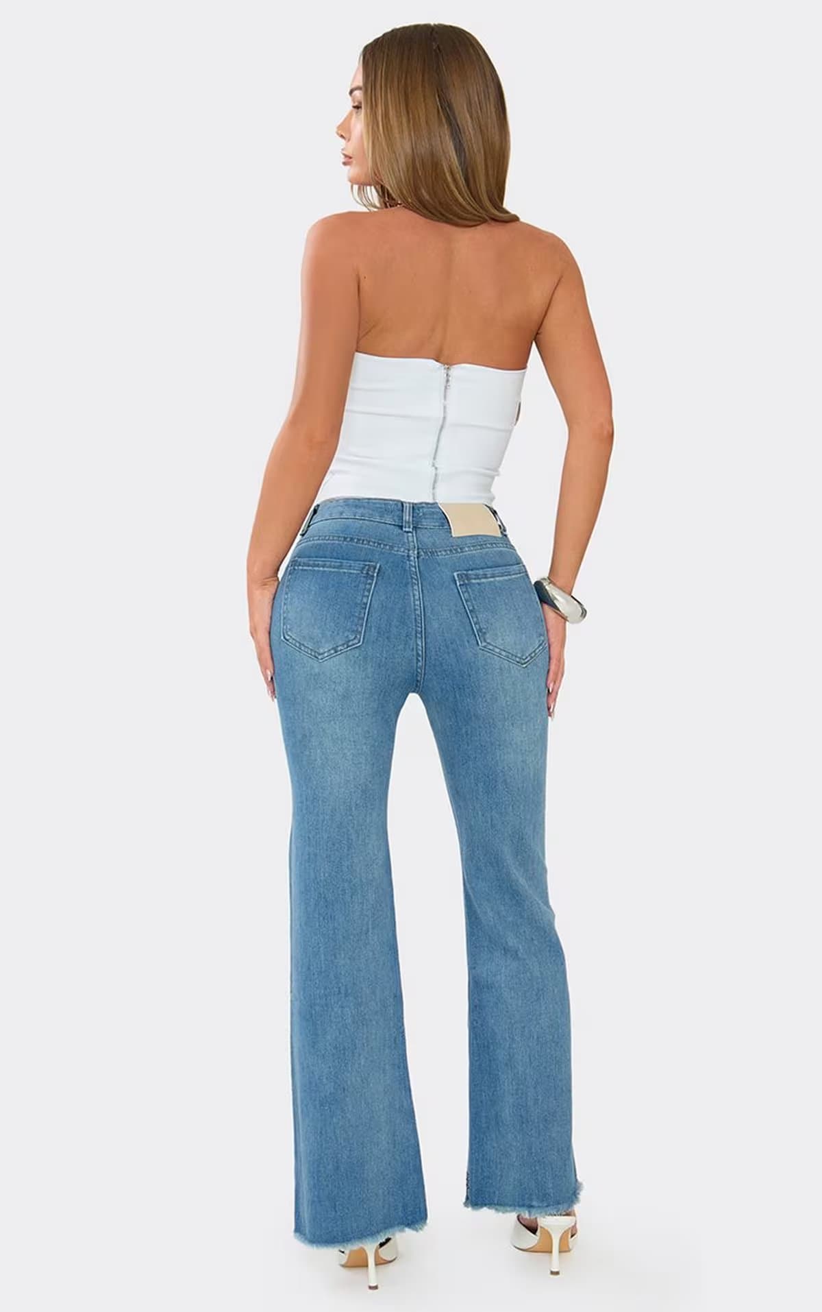 EGO Mid Rise Frayed Hem Jeans In Mid Blue Denim, Women's Size UK W28