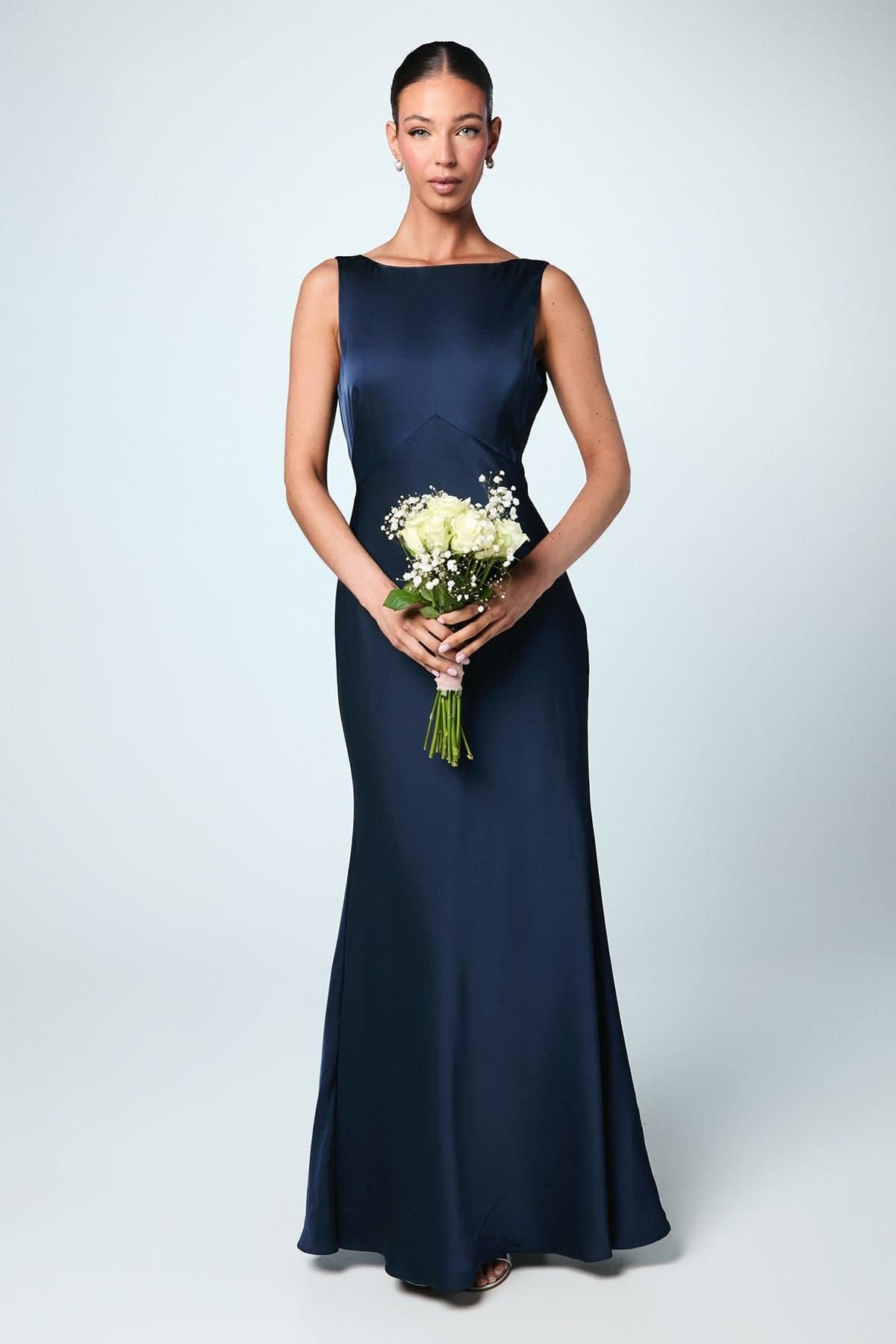 Coast Coast Women's Satin V Back Maxi Bridesmaid Dress with Back Sash Detail in Navy