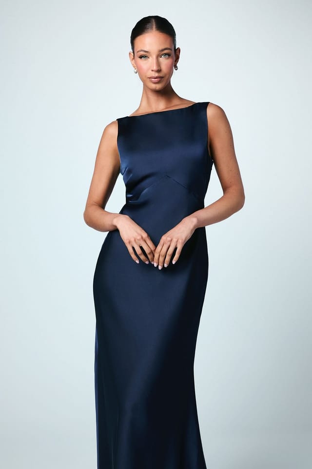 Coast Coast Women's Satin V Back Maxi Bridesmaid Dress with Back Sash Detail in Navy - 2