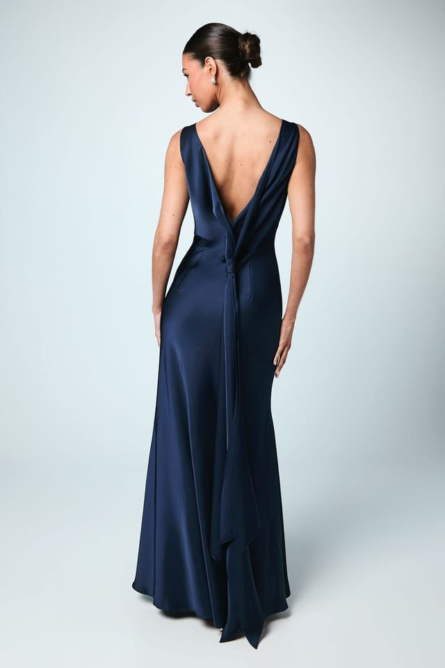 Coast Coast Women's Satin V Back Maxi Bridesmaid Dress with Back Sash Detail in Navy - 3