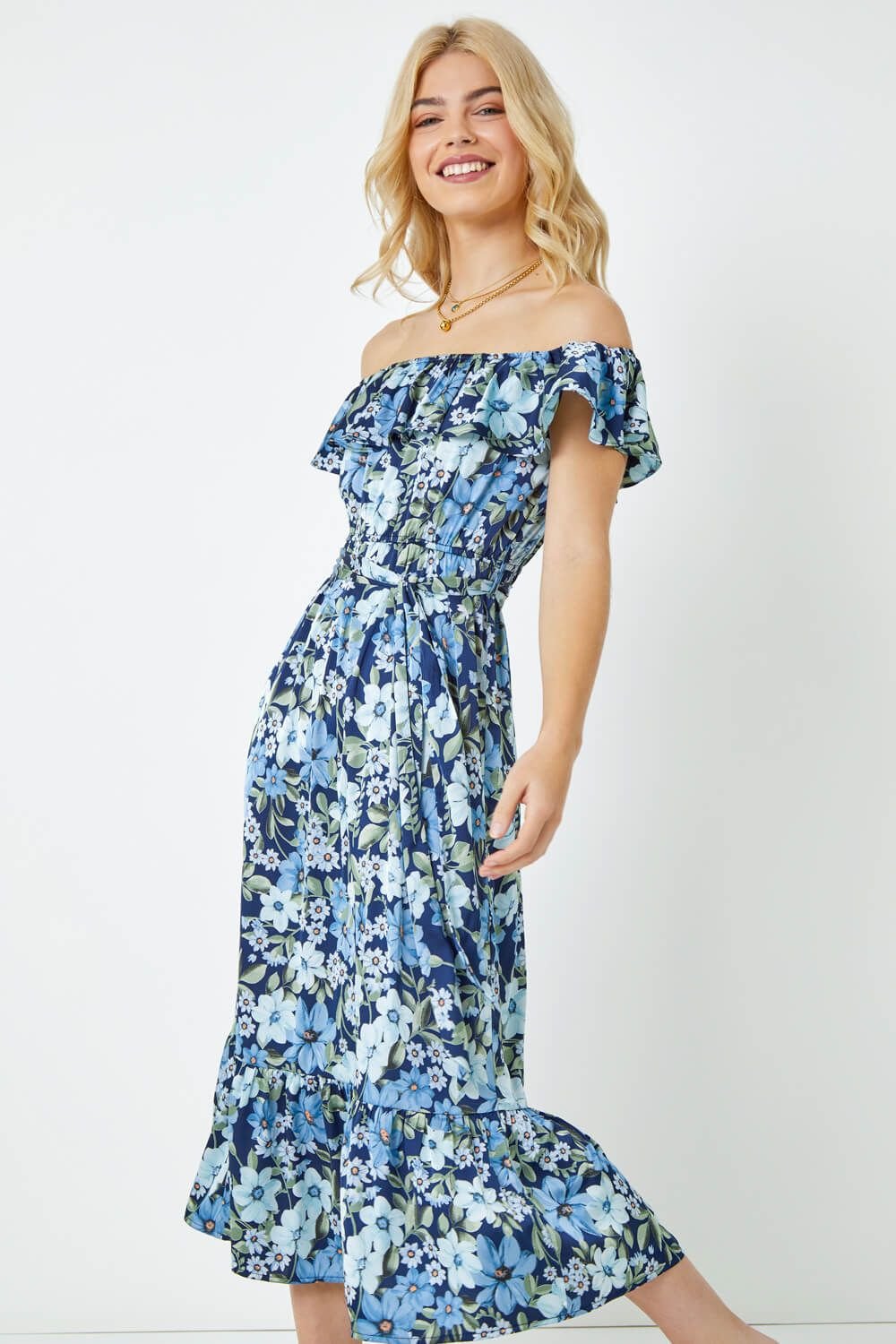 Dusk Dusk Women's Chiffon Ditsy Floral Bardot Midi Dress in Blue - 2