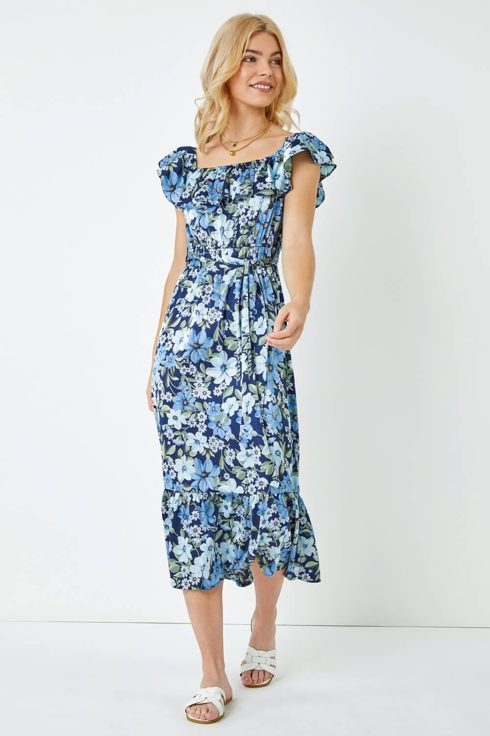 Dusk Dusk Women's Chiffon Ditsy Floral Bardot Midi Dress in Blue - 4