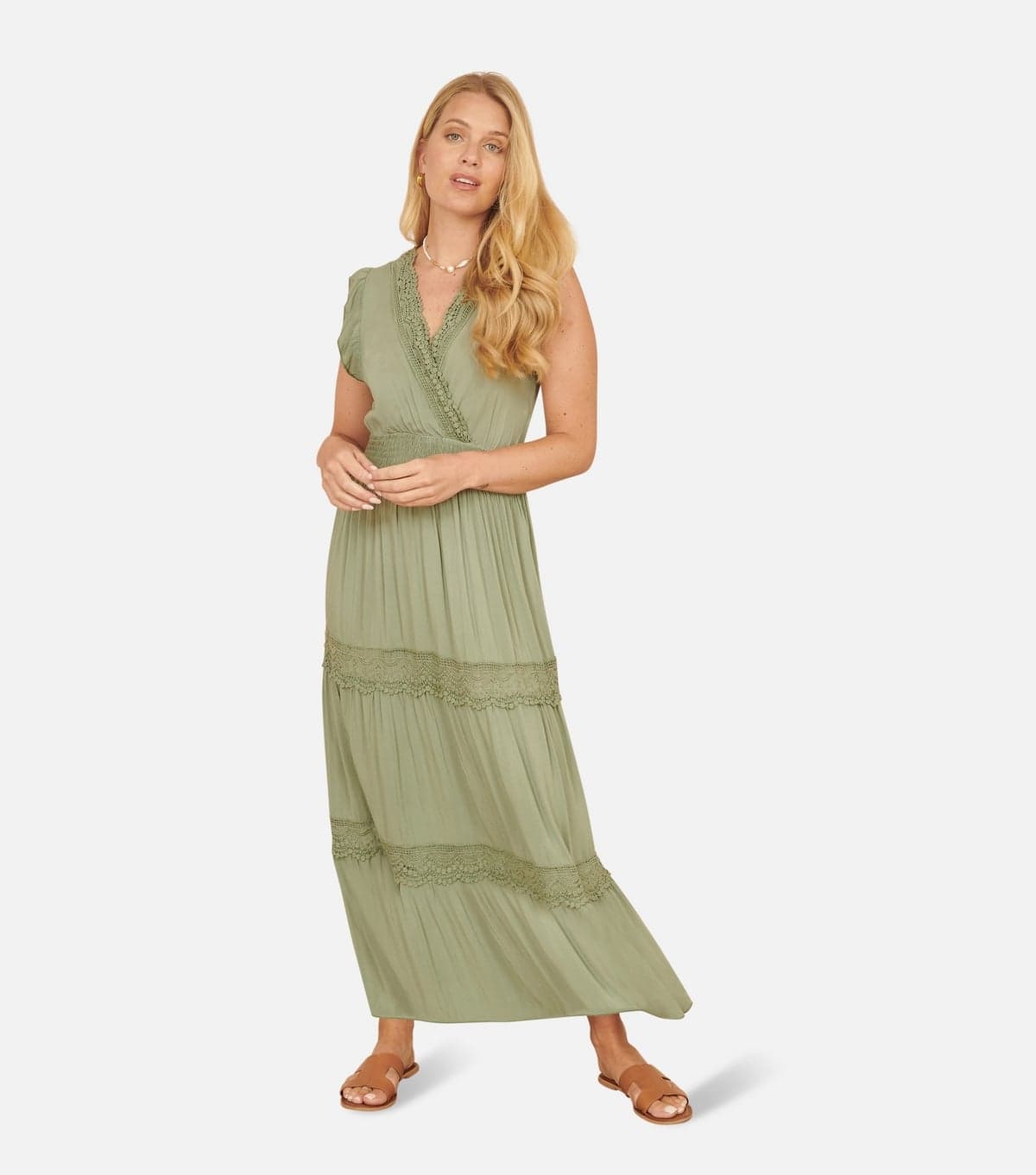 Yumi Women's Light Green Lace Trim Maxi Dress Yumi New Look