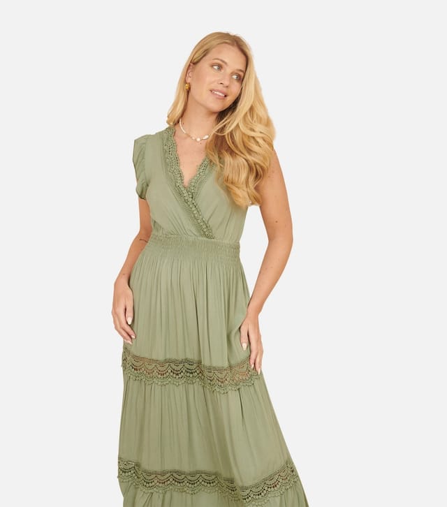 Yumi Women's Light Green Lace Trim Maxi Dress Yumi New Look - 3