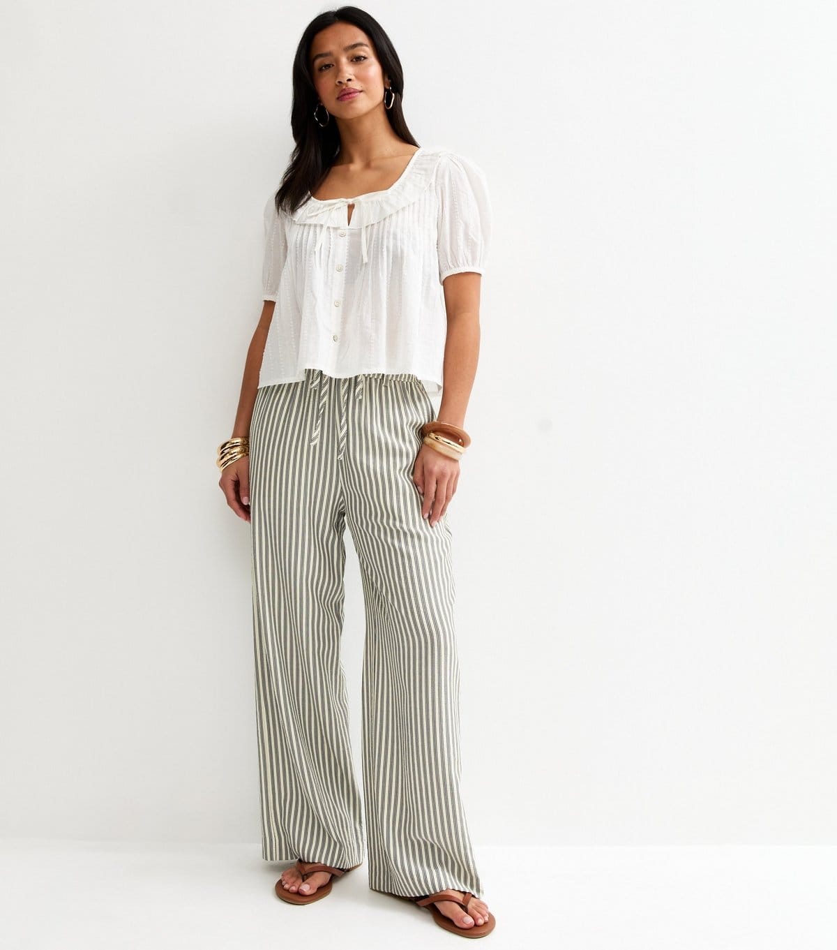 New Look Petite Cream Seersucker Striped Wide Leg Trousers
