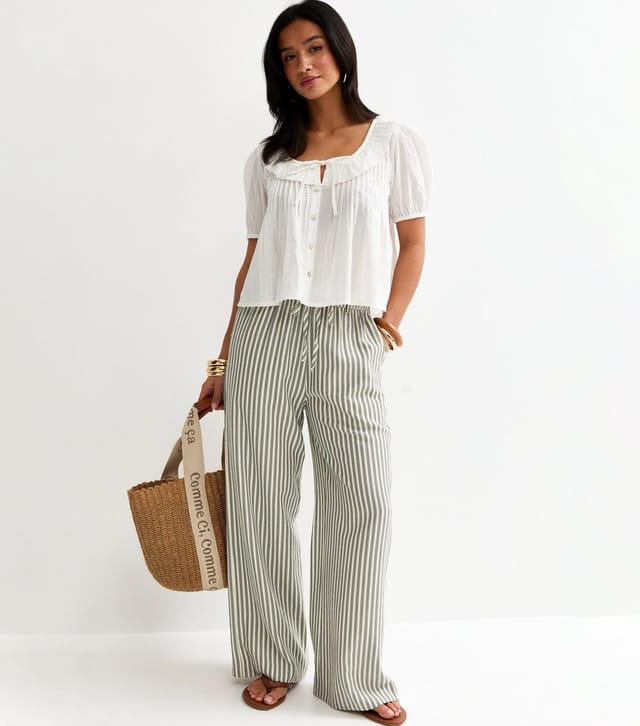 New Look Women's Petite Cream Seersucker Striped Wide Leg Trousers New Look - 3